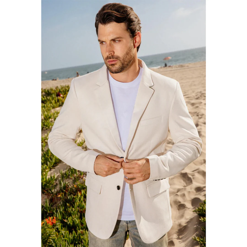 Mens Double Button Faux Suede Blazer - Off White