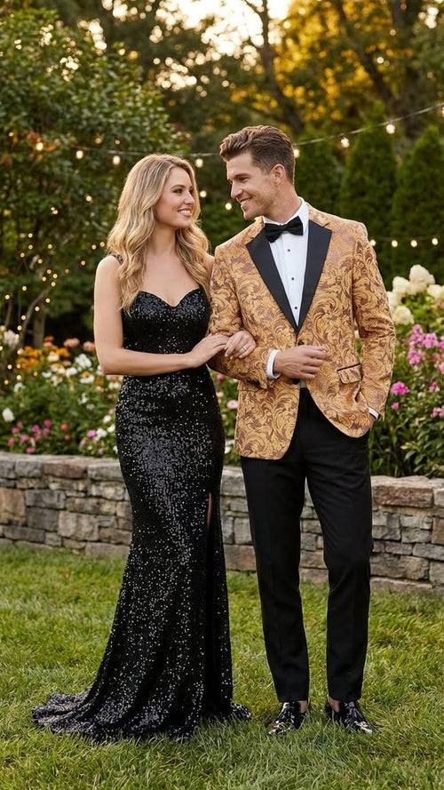 Men's yellow gold tuxedo blazer with baroque pattern and notched collar, paired with black trousers. Fitted design, creating a formal silhouette.

