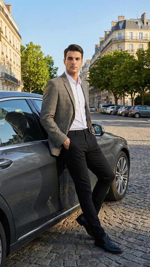 Men's tailored sport coat. Green, brown, and teal plaid pattern. Standard lapel, single-button closure. Woven fabric.
