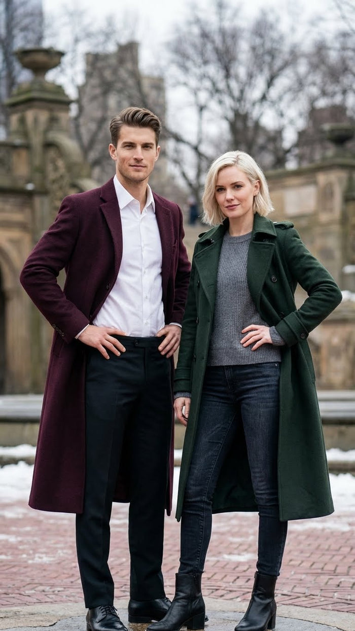 Men's burgundy long coat in classic fit. Wool blend, straight silhouette, lapels, and single-breasted closure. A timeless and stylish outerwear piece.
