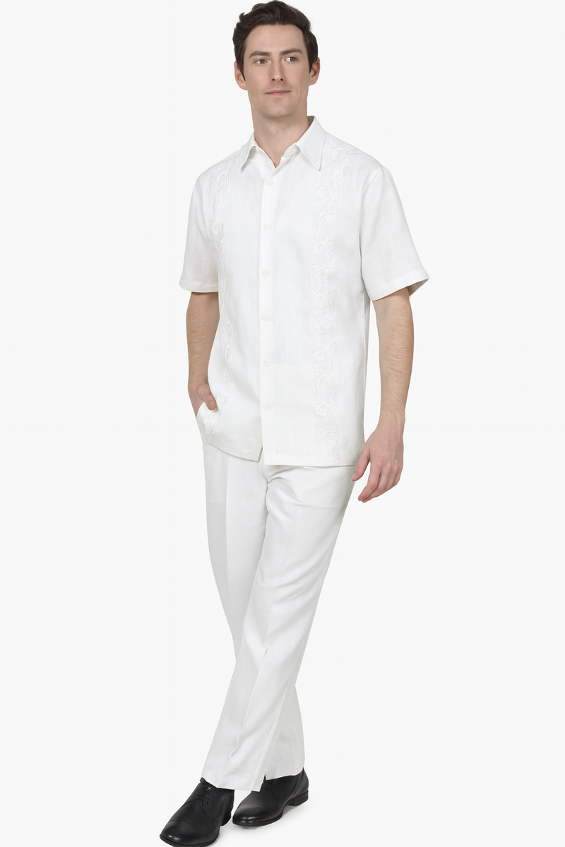 Men's white linen summer walking suit: short-sleeve shirt with embroidered front and straight-cut pants. Two-piece set.

