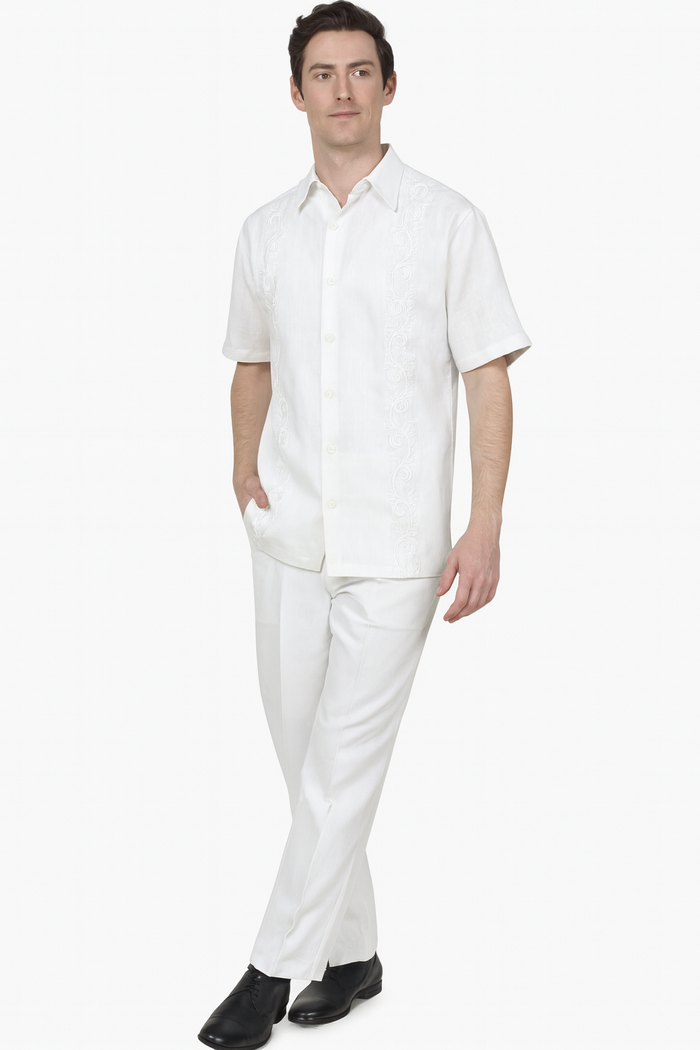 Men's white linen summer walking suit: short-sleeve shirt with embroidered front and straight-cut pants. Two-piece set.
