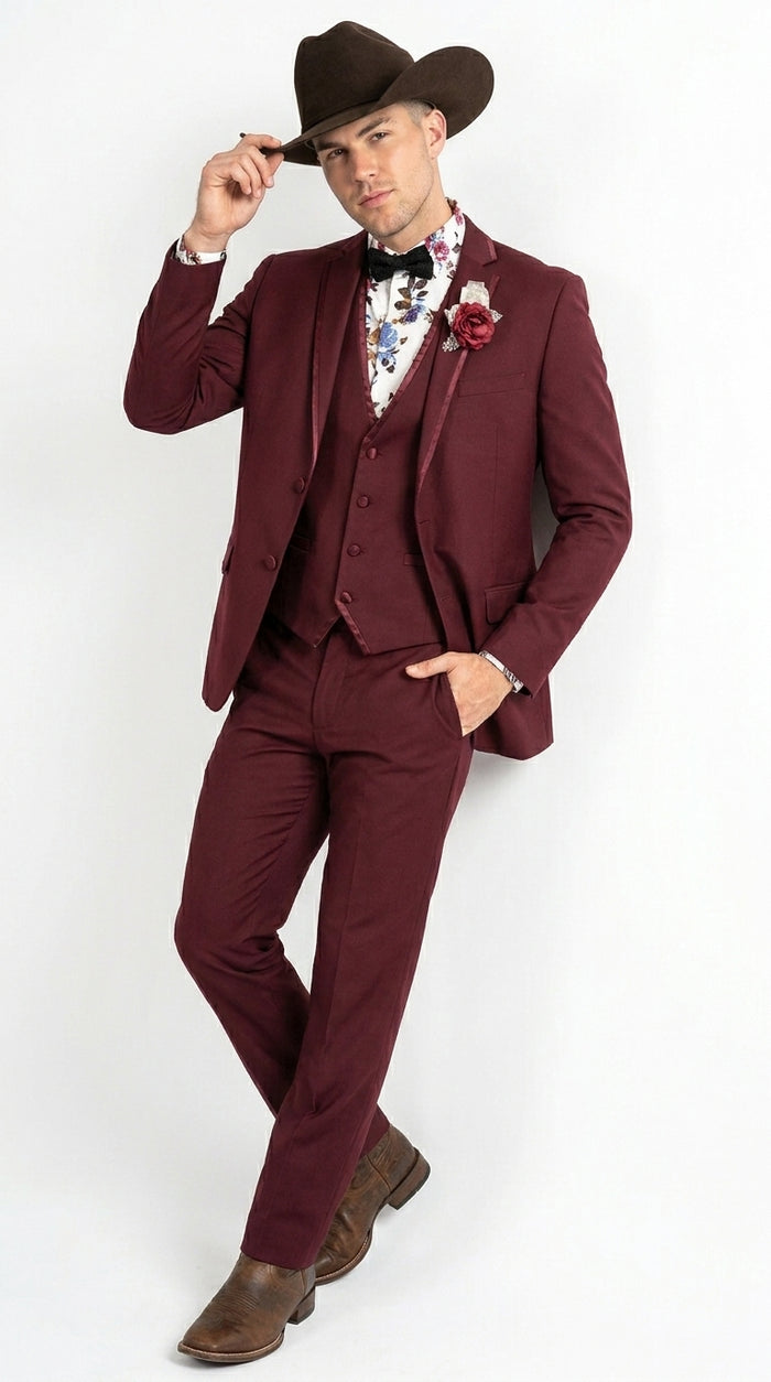 Men’s Burgundy Western Tuxedo Suit, 3 Piece Cowboy Formal Wedding Prom Suit with Satin Trim