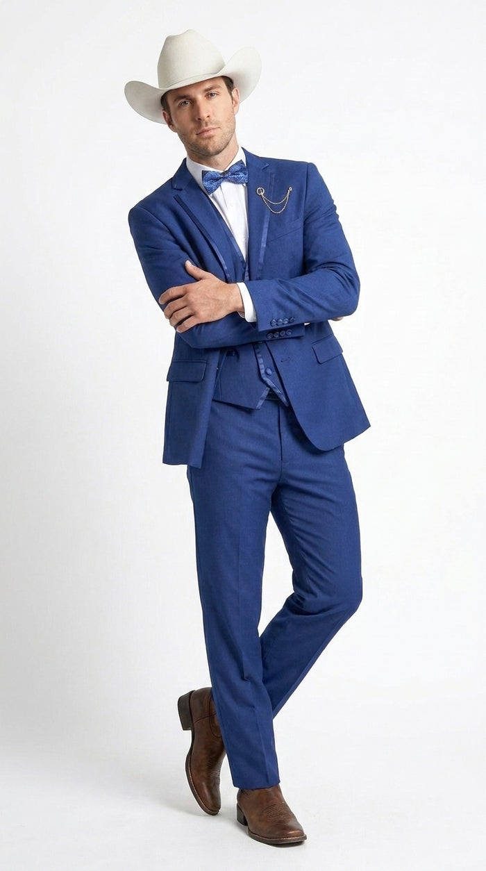 Men’s Blue Western Tuxedo Suit, 3 Piece Cowboy Formal Wedding Prom Suit with Satin Trim