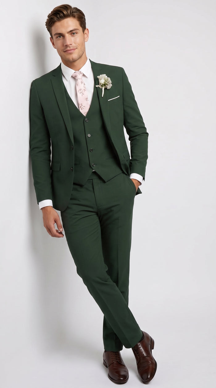 Men’s Forest Green 3 Piece Wedding Suit, Formal Groom Groomsmen Dress Suit Set