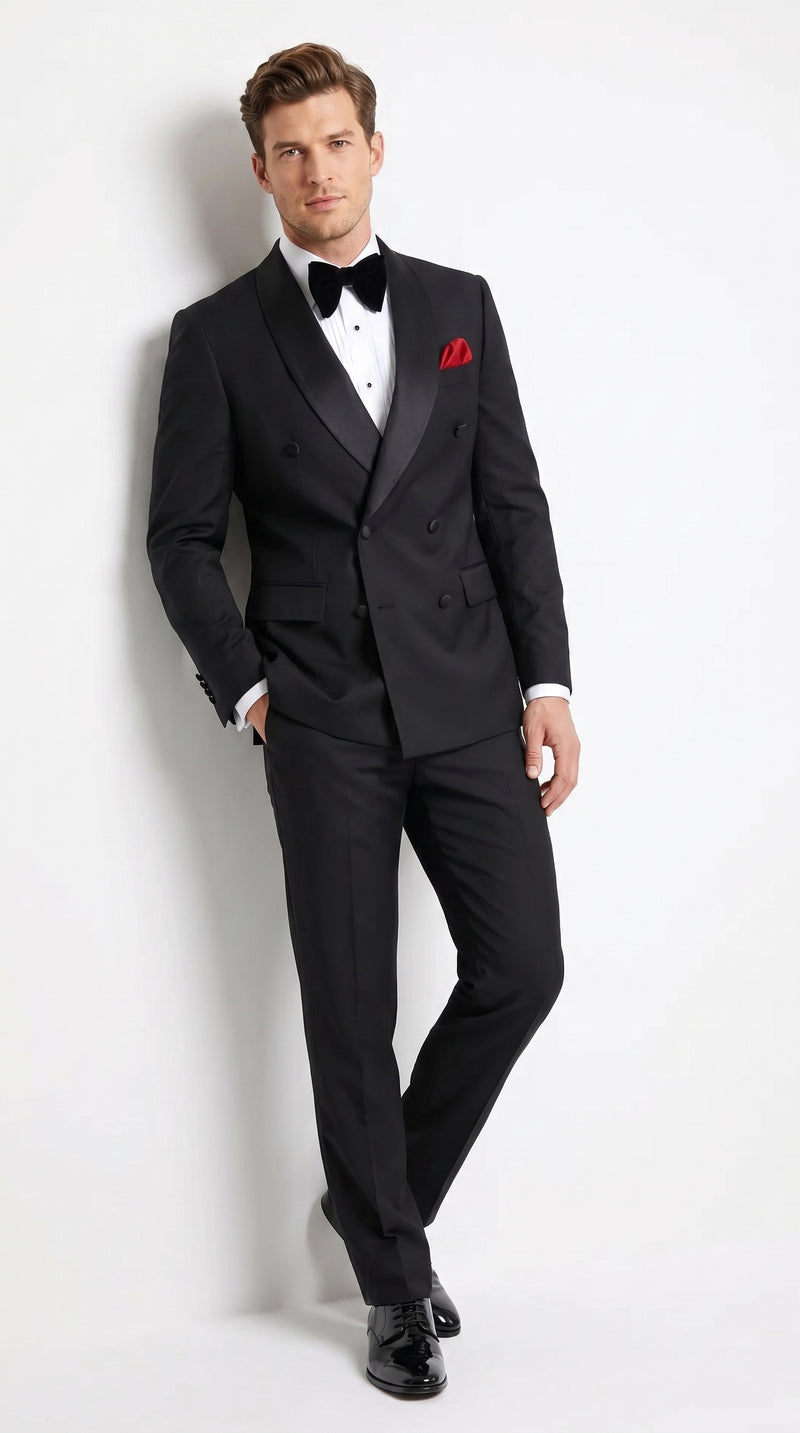 Men’s Black Double Breasted Evening Wear Suit with Satin Shawl Lapel and Red Pocket Square
