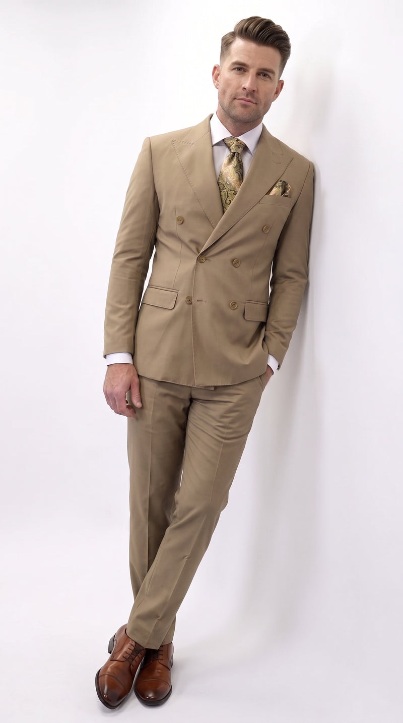 Men’s Statement Brand Caramel Khaki Double Breasted Wool Suit, Designer Formal Business Suit Set Wool Suit in Camel Color