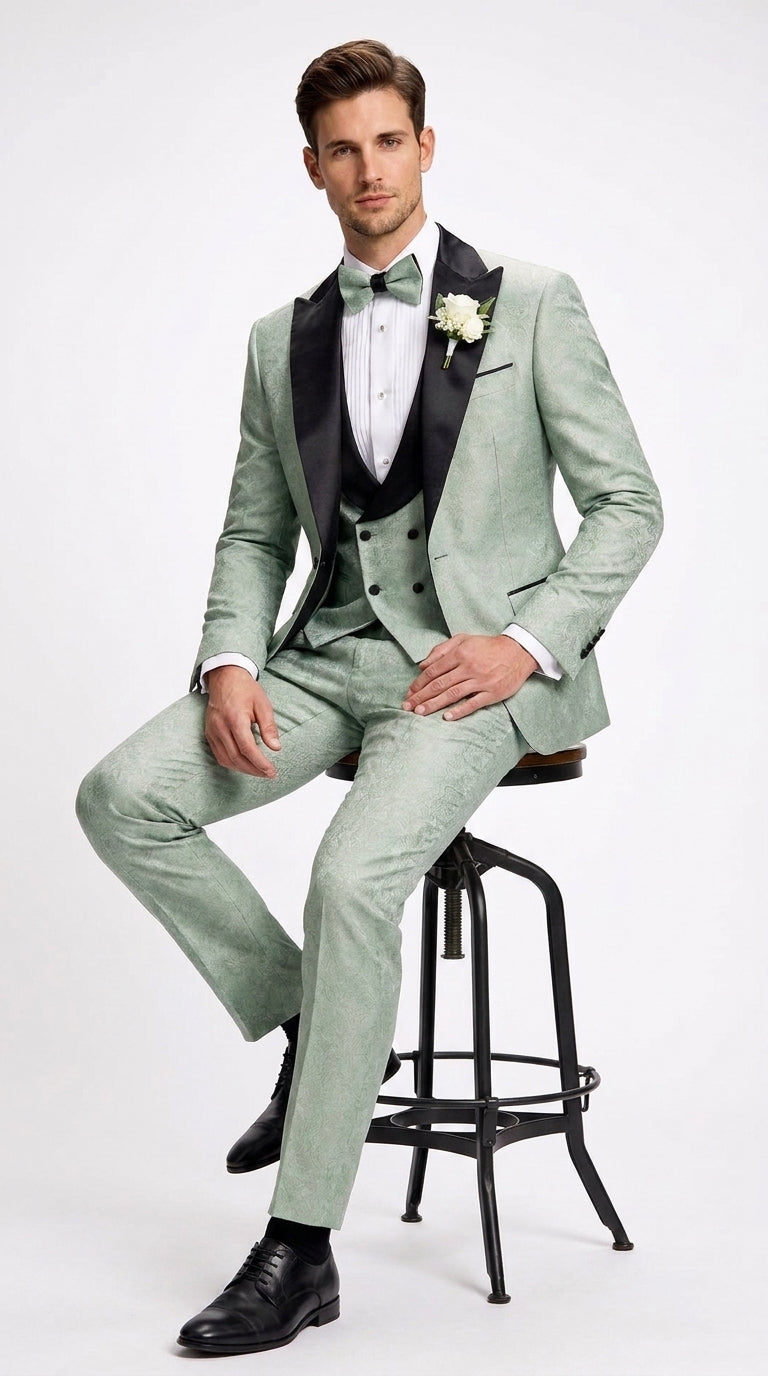 Men’s Sage Green Wedding Tuxedo with Black Shawl Lapel – 3 Piece Groom Prom Suit Mintish Color