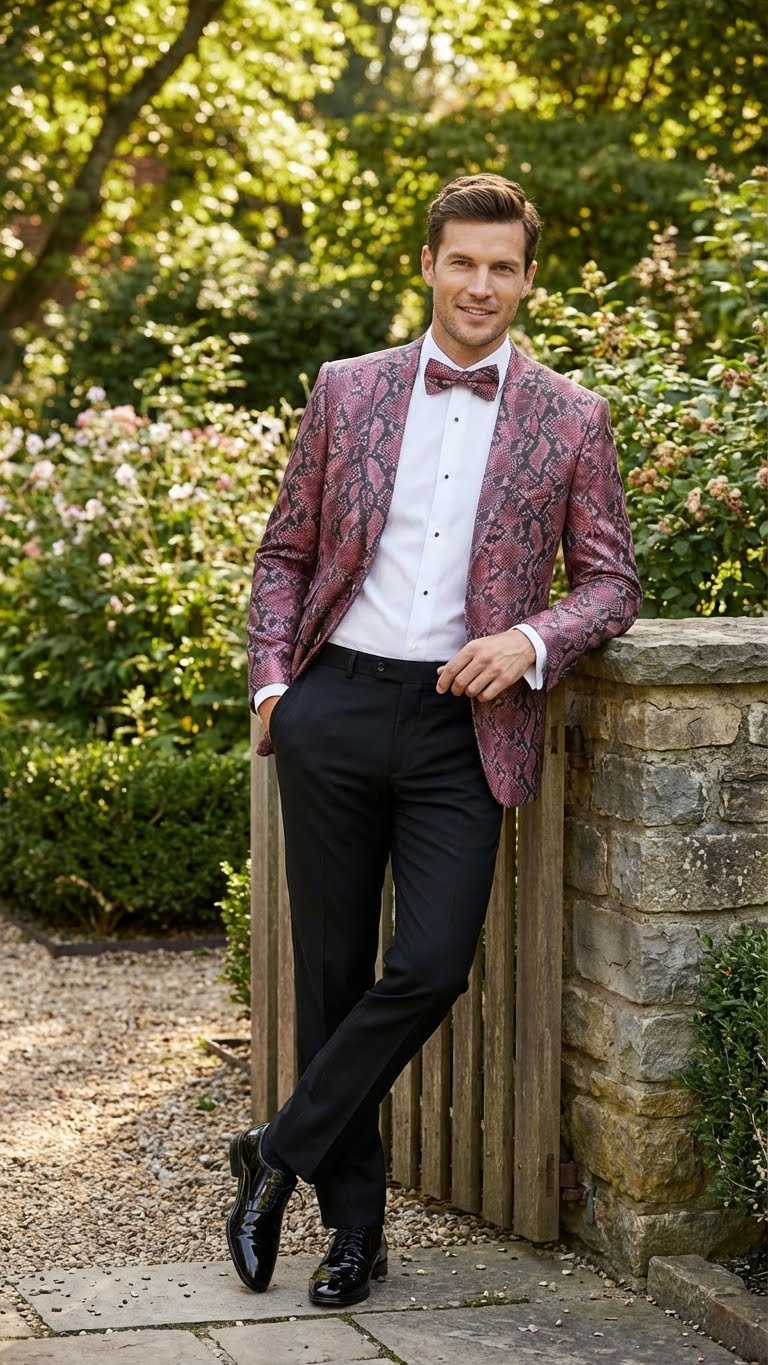 Alberto Nardoni men's blazer in burgundy/black snakeskin print. Fitted design with notched lapels, button closure, and long sleeves. Two front pockets. Structured, formal style for dressy events.
