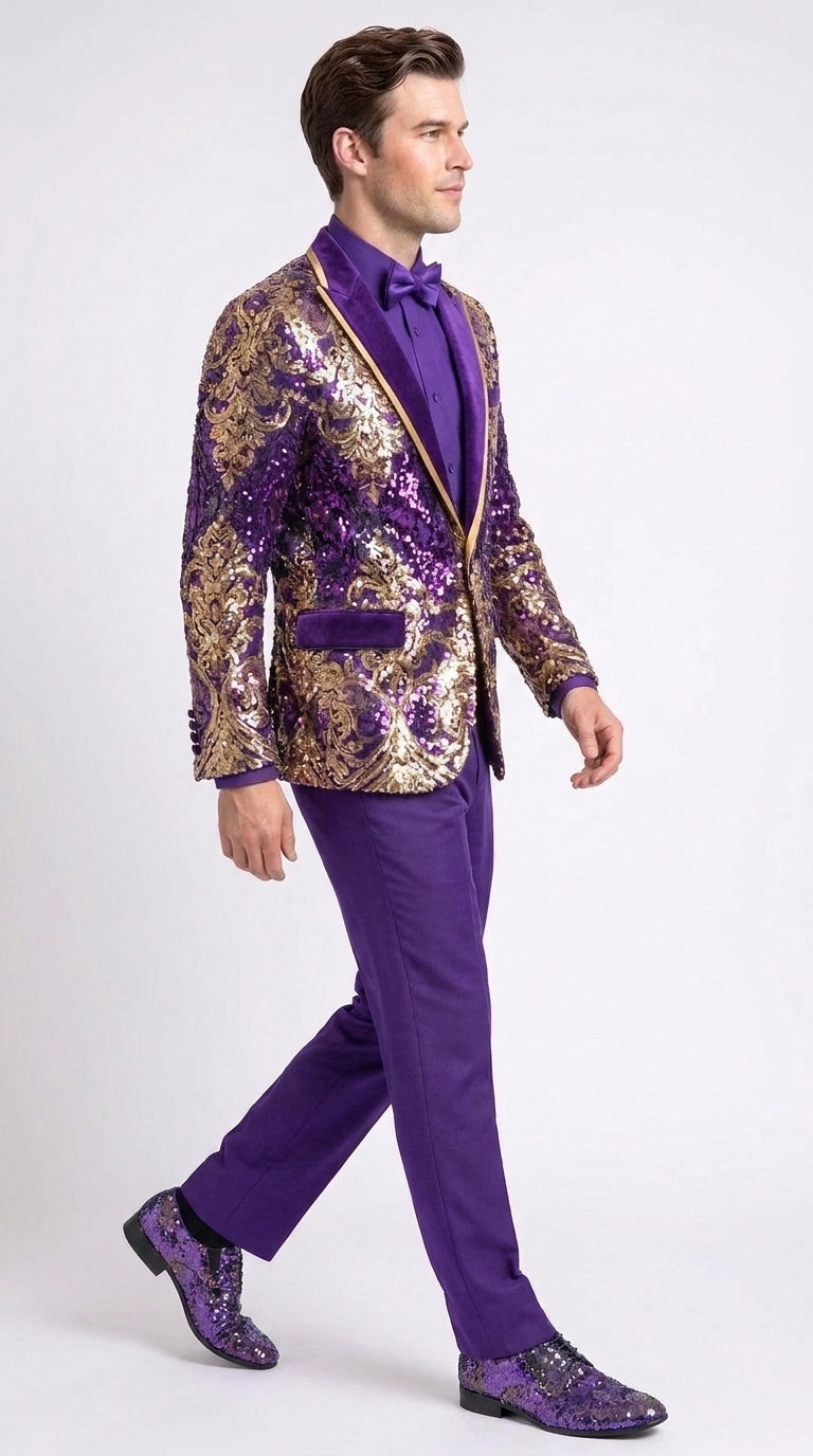 Men’s Purple and Gold Sequin Suit with Pants – Luxury Prom, Wedding and Party Blazer