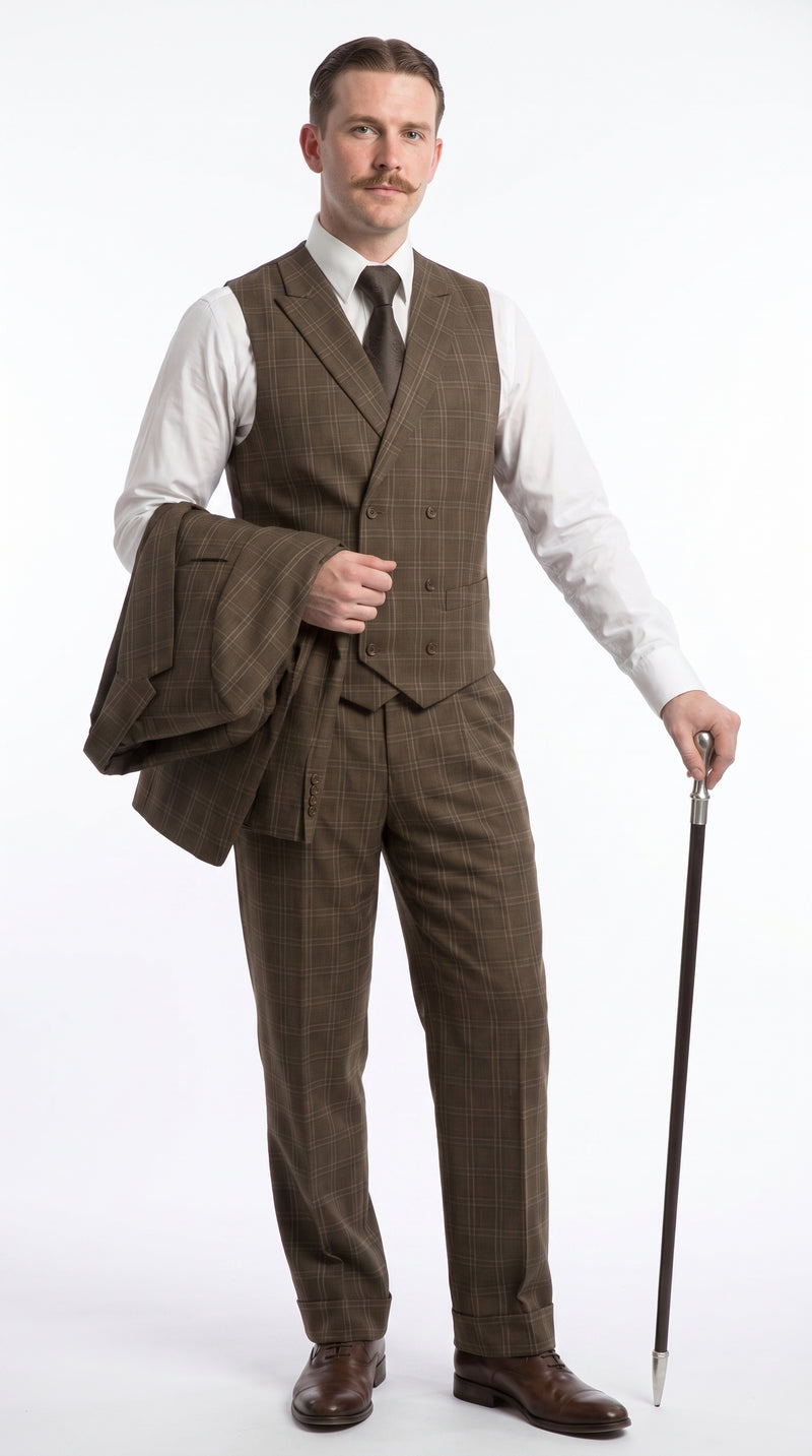 Men’s Edwardian Brown Plaid 3-Piece Suit – Vintage Double-Breasted Vest Wedding and Formal Suit