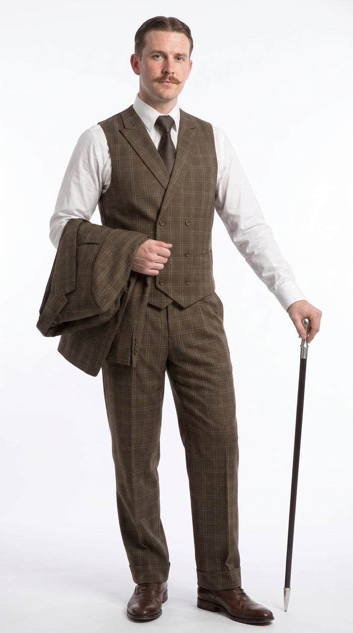Men’s Edwardian Brown Plaid 3-Piece Suit – Vintage Double-Breasted Vest Wedding and Formal Suit