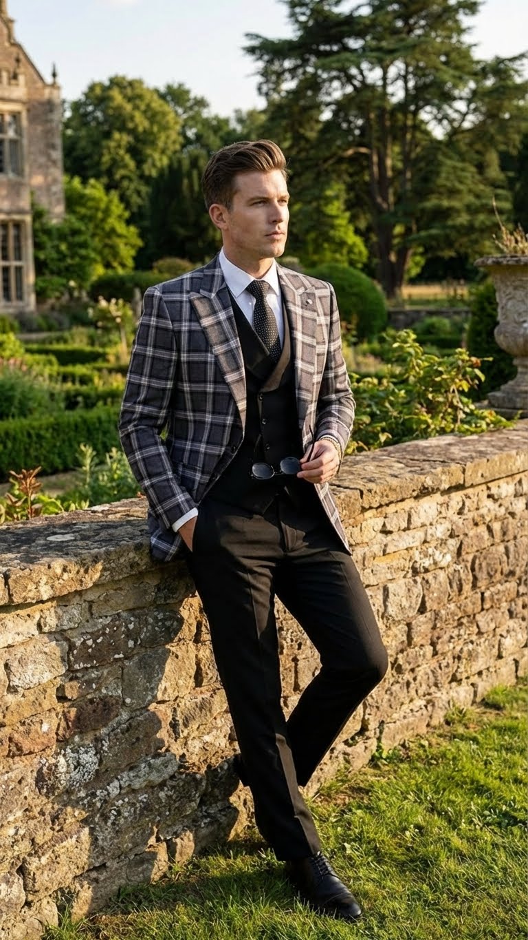 Men's big & tall charcoal/black plaid blazer. Structured, tailored silhouette. Features a checkered pattern, notched lapel, two front pockets, and a single-button closure. Fitted waist, modern look.
