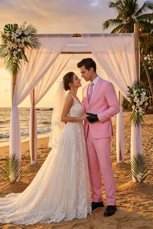 Men's pink two-piece suit. Classic fit jacket with notch lapel, long sleeves. Tailored, slim-fit pants. Solid pink, smooth material. Maintains a polished, uniform appearance.
