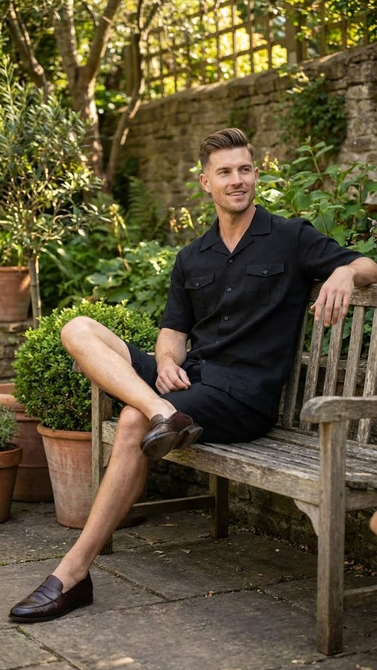 Men’s black walking suit features a short-sleeve button-up shirt with a collar and two front pockets, paired with knee-length shorts. The fabric appears to be lightweight, and both the shirt and shorts are uniform in color and style, creating a cohesive look.