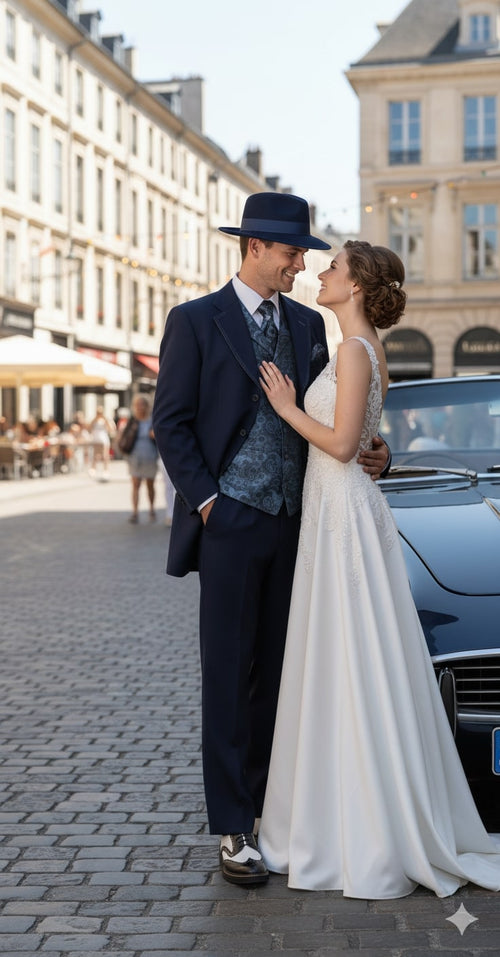 1920s men's navy zoot suit: long jacket, pleated pants, patterned vest, & wide-brimmed hat. Classic fit, tailored pants, and coordinated color scheme for a vintage aesthetic.