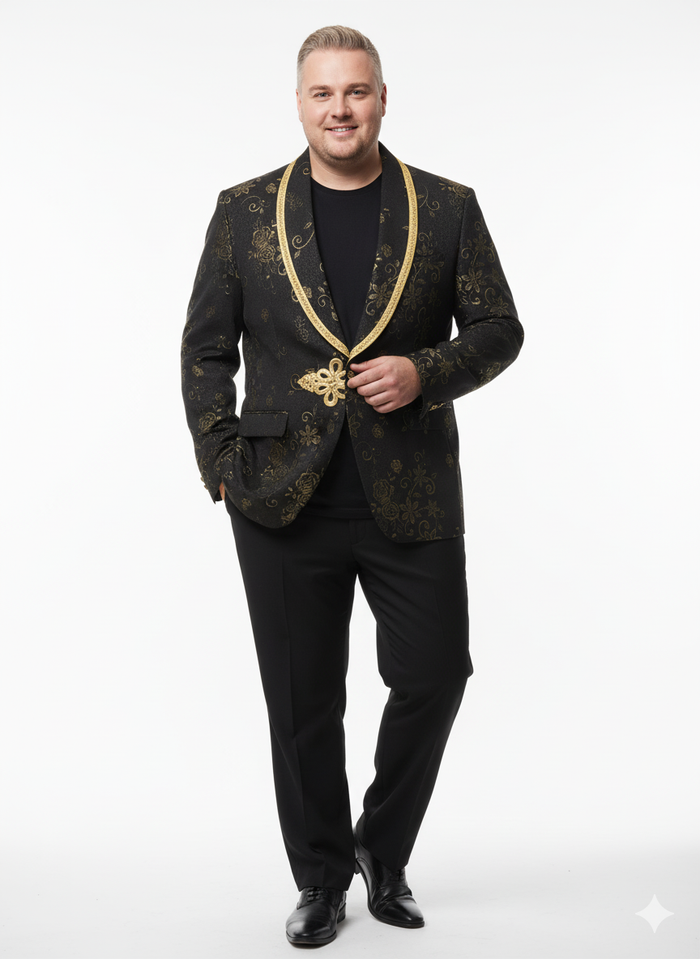 Men's black blazer with gold floral embroidery. Features peak lapels, slim fit, and a structured shape. Luxurious textured fabric.
