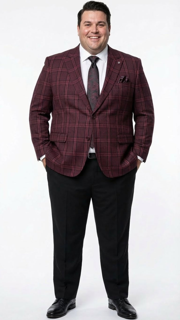 Burgundy check blazer by Alberto Nardoni. Tailored fit, structured form with darker grid pattern. Features two front pockets, notch lapel, and two-button closure. Paired with black trousers.
