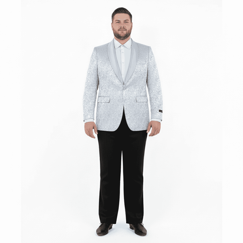 Silver gray paisley tuxedo jacket for big & tall men. Satin finish, shawl lapel, structured silhouette. Features a paisley pattern & two front pockets.
