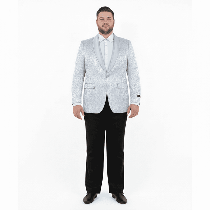 Silver gray paisley tuxedo jacket for big & tall men. Satin finish, shawl lapel, structured silhouette. Features a paisley pattern & two front pockets.
