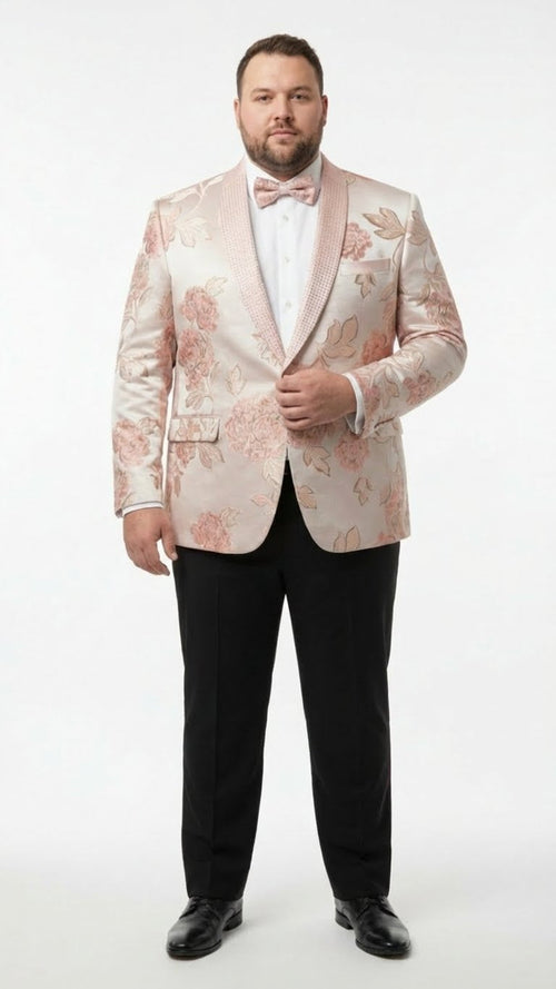 Men's pink floral jacquard blazer: fitted form, shawl lapel, and shiny fabric. Features a pink floral pattern on a light background, dimensional texture, single-button closure, and two front pockets.
