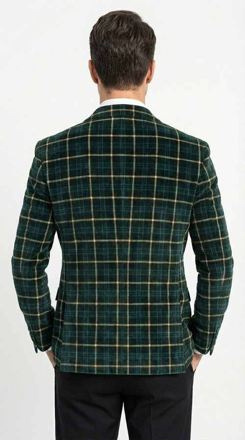 Mens Tartan Green and Gold Check Blazer – Windowpane Plaid Sport Coat Velvet Lapel Plaid Christmas Holiday New Year Jacket