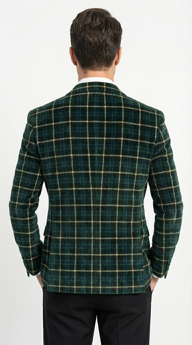 Mens Tartan Green and Gold Check Blazer – Windowpane Plaid Sport Coat Velvet Lapel Plaid Christmas Holiday New Year Jacket