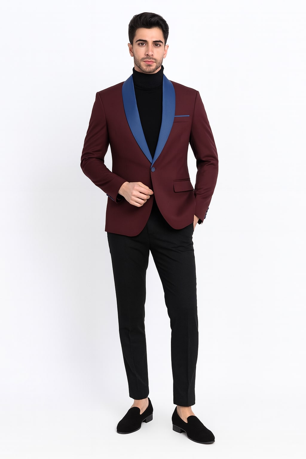 Mens Burgundy Tuxedo Dinner Jacket Blazer with Blue Satin Shawl Lapel Wedding and Party Jacket