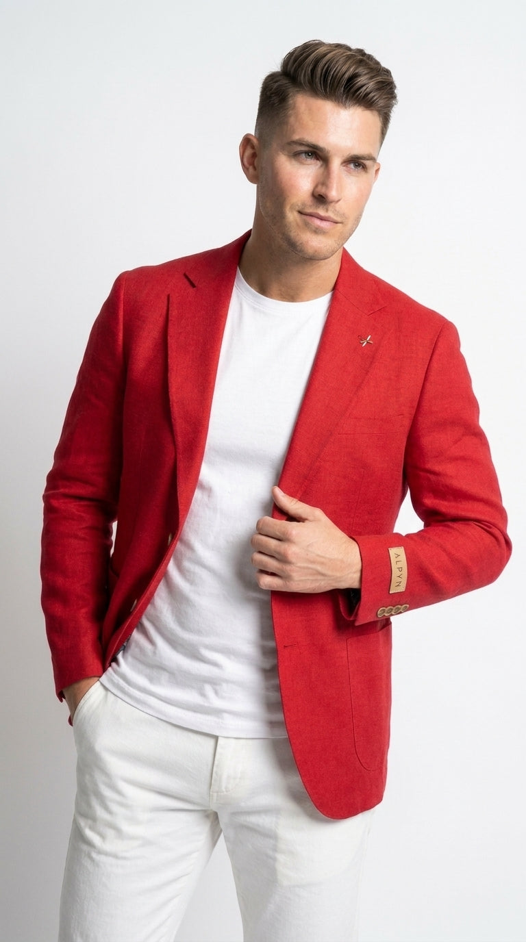 Men’s Red Linen Blazer – Two-Button Wedding, Business and Smart Casual Sport Coat