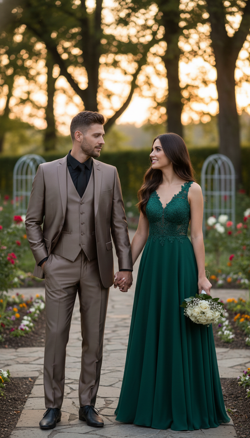 Men's sateen suit set with metallic finish. Colors: mocha, taupe, gold, bronze. Includes tailored jacket, vest, and trousers. Shiny and elegant.
