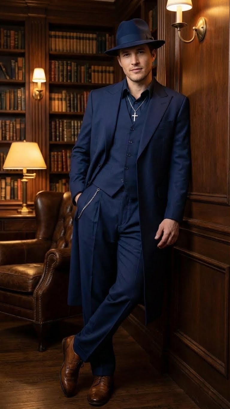 Alberto Nardoni navy blue zoot suit: long, tailored jacket with peak lapels, vest, wide-leg trousers, smooth fabric, structured silhouette, high-waisted pants, defined waist, matching blue fedora, and chain details.
