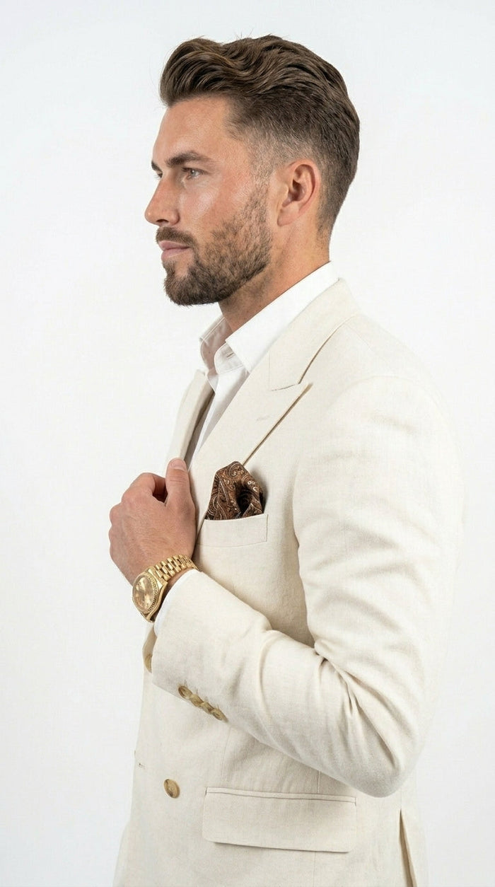 Men’s Ivory Linen Double Breasted Blazer, Lightweight Wedding Dinner Sport Coat Jacket Cream Off White