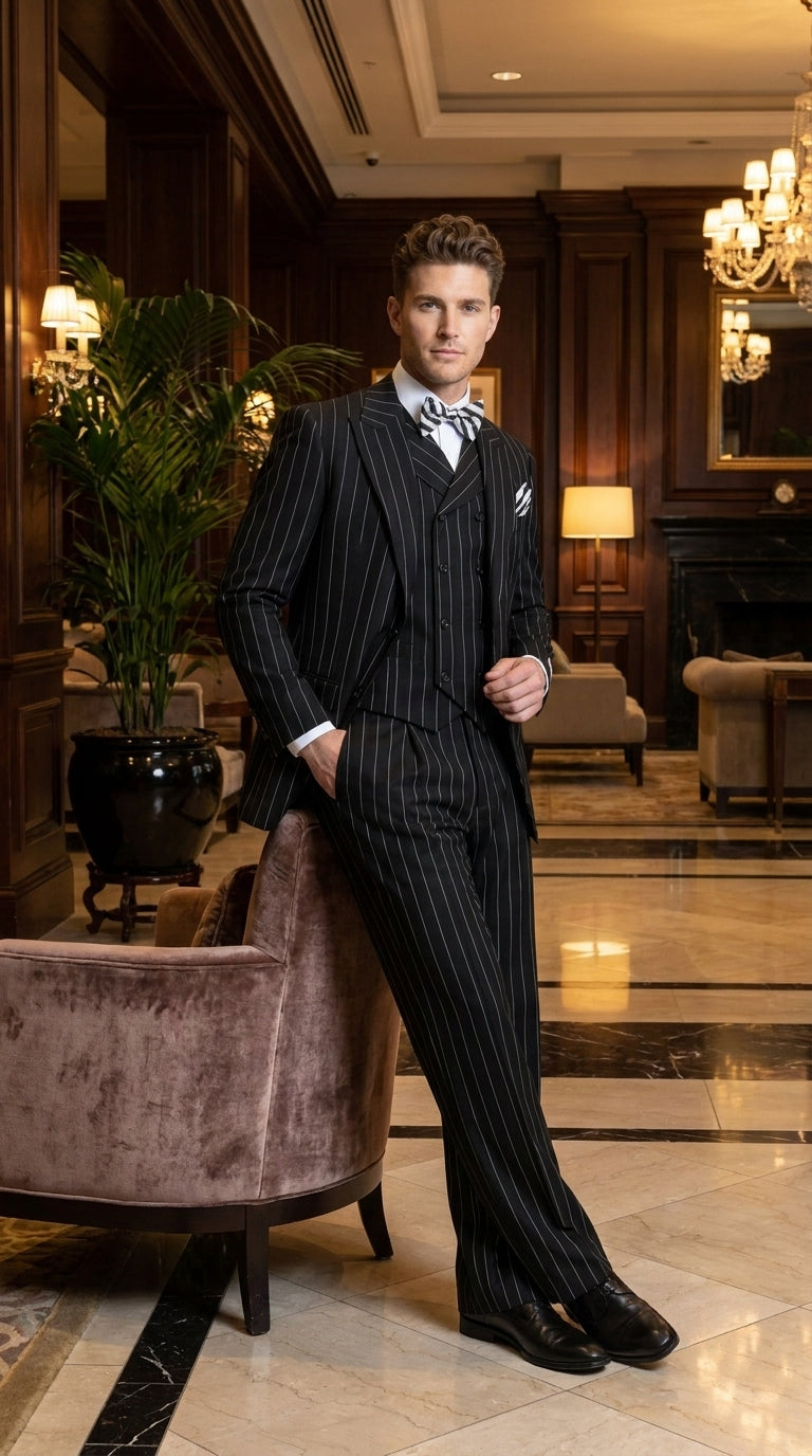 Men’s Black Pinstripe 3-Piece Suit Wool Suit  – Classic Fit Single Button Suit with Wide Leg Pleated Pants By Tiglio Russo