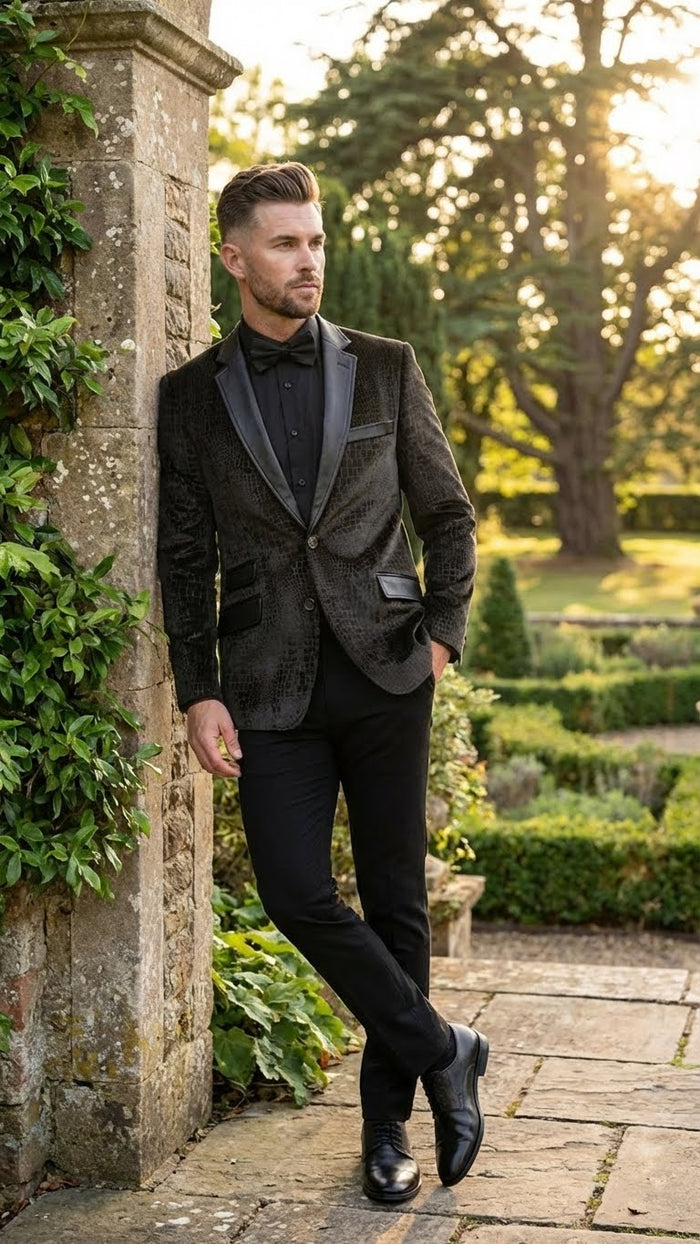 Men's exotic skin blazer. Dark color, glossy finish. Single-button closure, black satin lapels. Two front flap pockets, structured fit. Distinctive crocodile/alligator texture.
