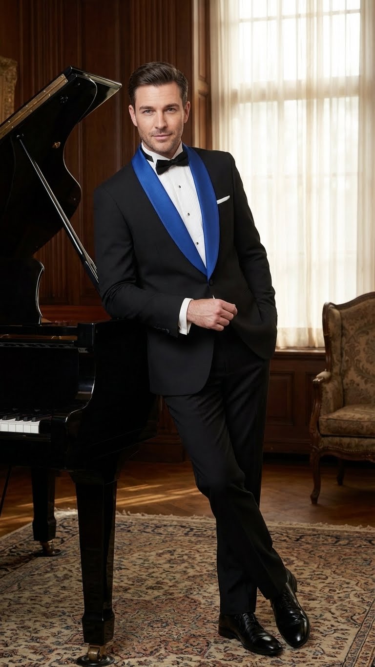 Black tuxedo with royal blue shawl lapel. Single-button closure and tailored fit. Features black trousers. Smooth fabric. Classic formal wear.
