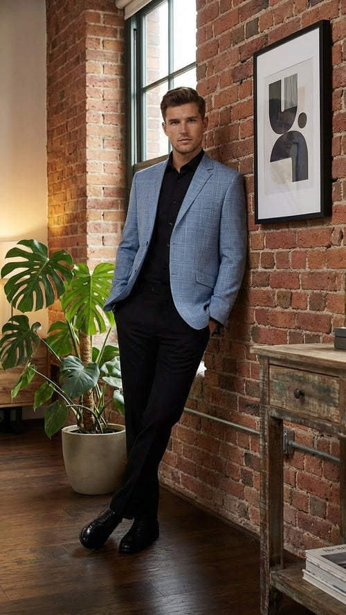 Men's big & tall light blue checkered blazer. Single-breasted, notch lapels, two pockets. Subtle checkered pattern. Smooth, lightweight fabric, ideal for layering.
