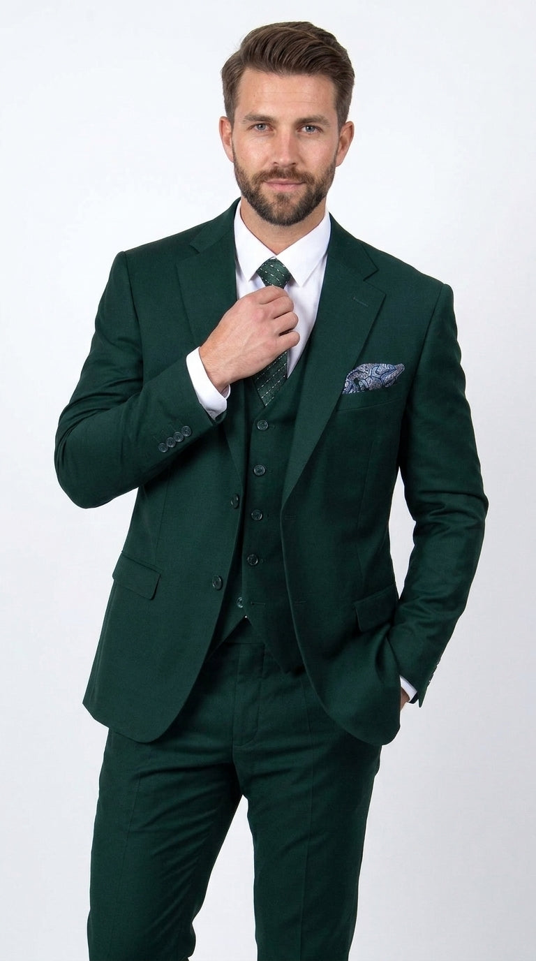 Men’s Stacey Adams Designer Hunter Green 3 Piece Suit – Two Button Vested Classic Wedding, Prom & Formal Suit