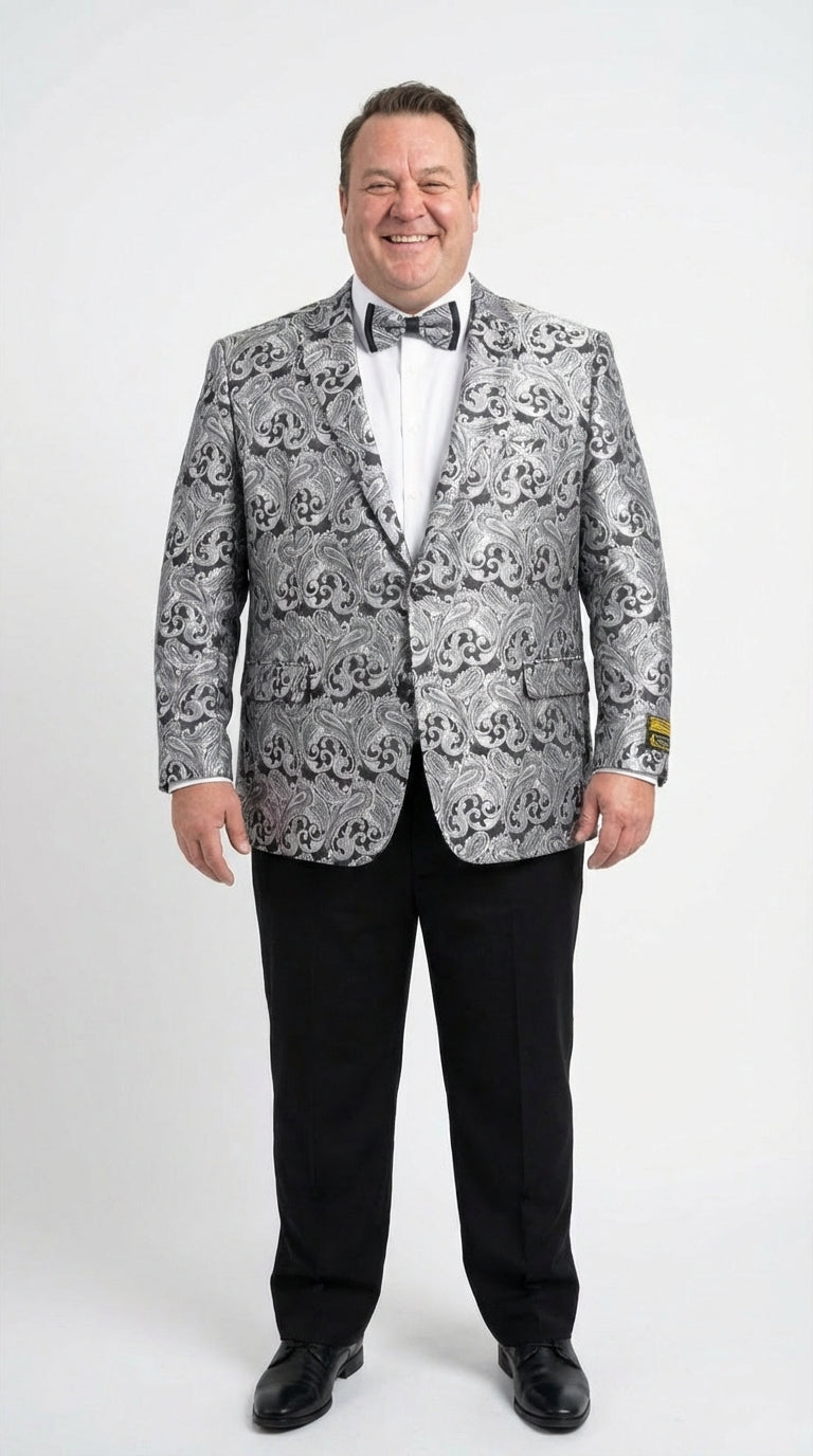 Mens Silver and Black Paisley Prom Blazer Jacket | Printed Formal Evening Tuxedo Blazer + Free Matching Bow Tie