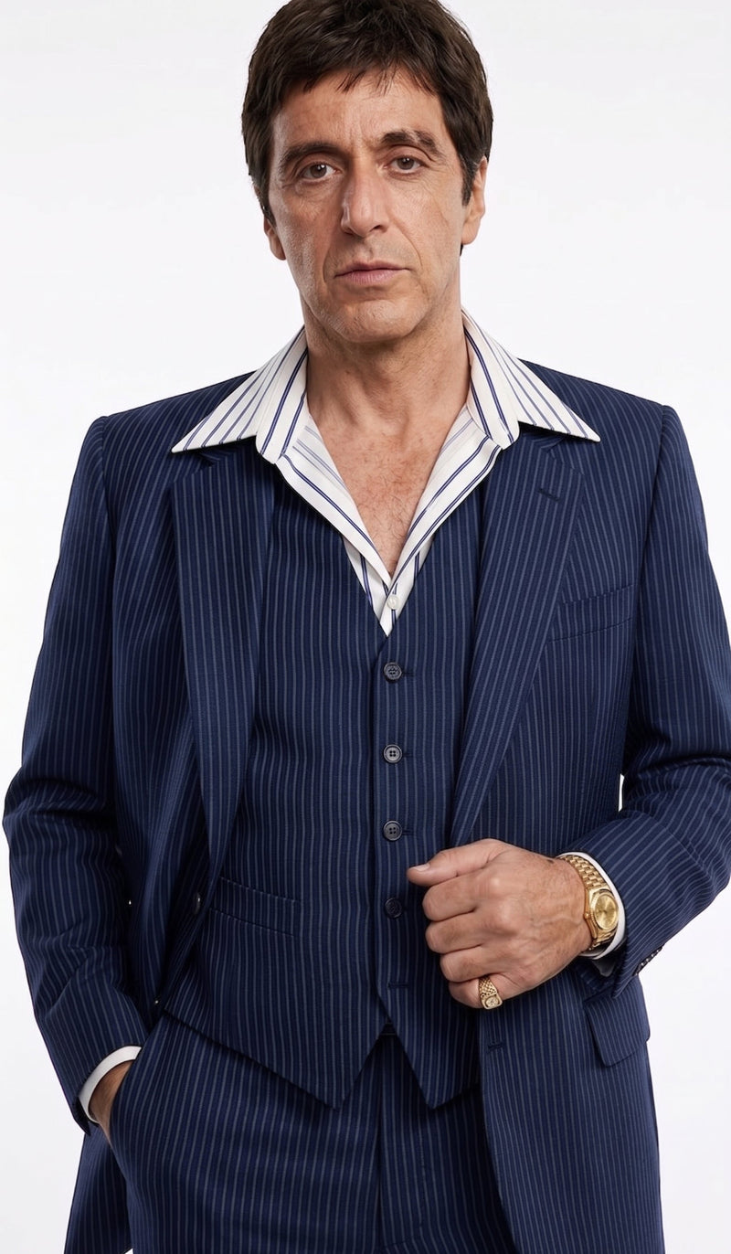 Tony Montana’s Blue Pinstripe 3 Piece Suit – Men’s Vintage Blue Striped Suit for Wedding, Prom and Classic Formal Wear