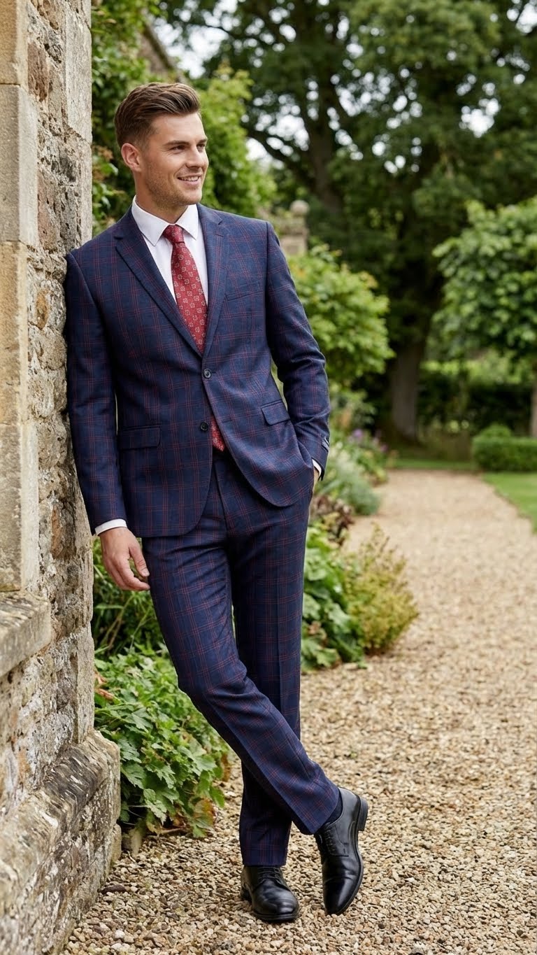 Navy & burgundy checkered men's suit. Single-breasted jacket & matching trousers. Lightweight, smooth fabric. Classic plaid pattern.
