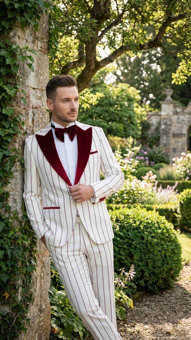 Men's pinstripe tuxedo: white & dark red. Velvet shawl lapel, white dress shirt, matching pants, red bow tie. Classic & stylish formal wear.
