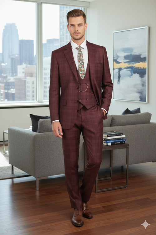 Burgundy checkered 3-piece suit. Classic fit plaid blazer with vest and pants. Shiny woven fabric, subtle windowpane check. Notched lapel blazer, straight-fit pants. Harmonious design.