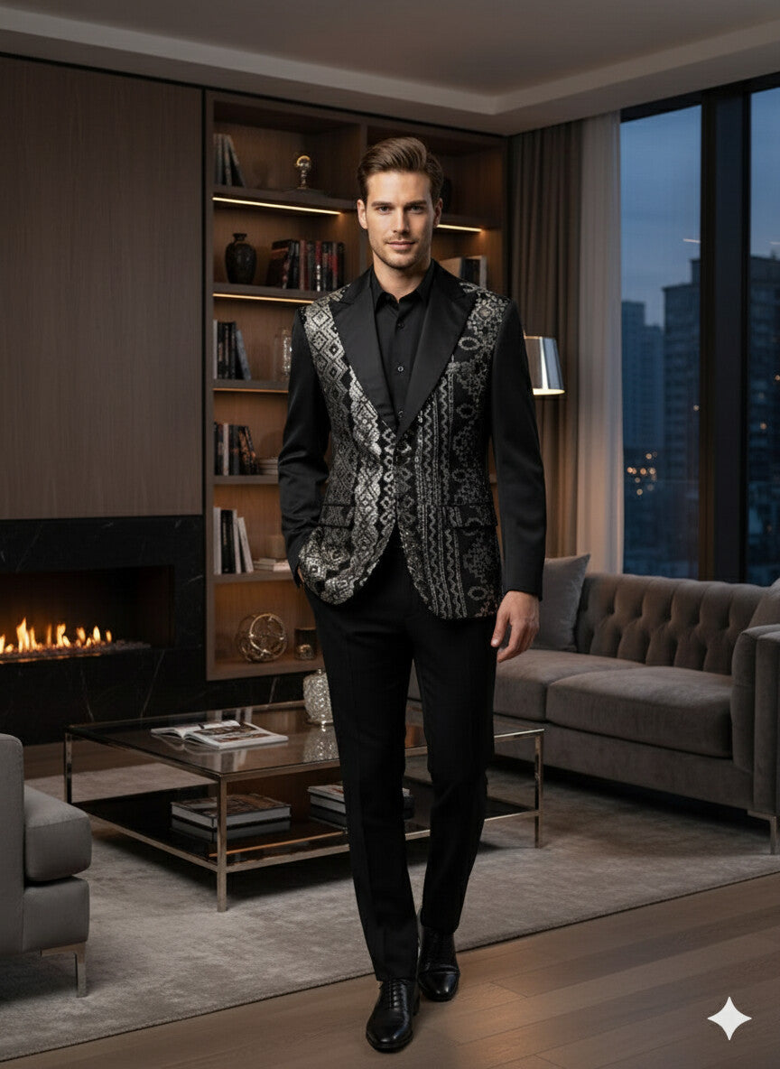 Mens Black and White and Silver Sequin Embroidered Blazer â€“ Luxury Designer Party Wear with Geometric Detailing