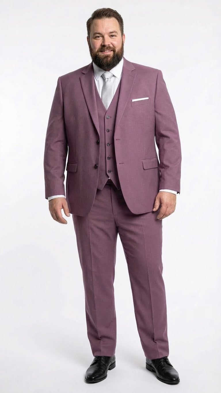 Men's slim-fit mauve three-piece suit: single-breasted blazer with peaked lapels, matching vest, and straight-cut trousers. Smooth fabric, formal design, streamlined silhouette.

