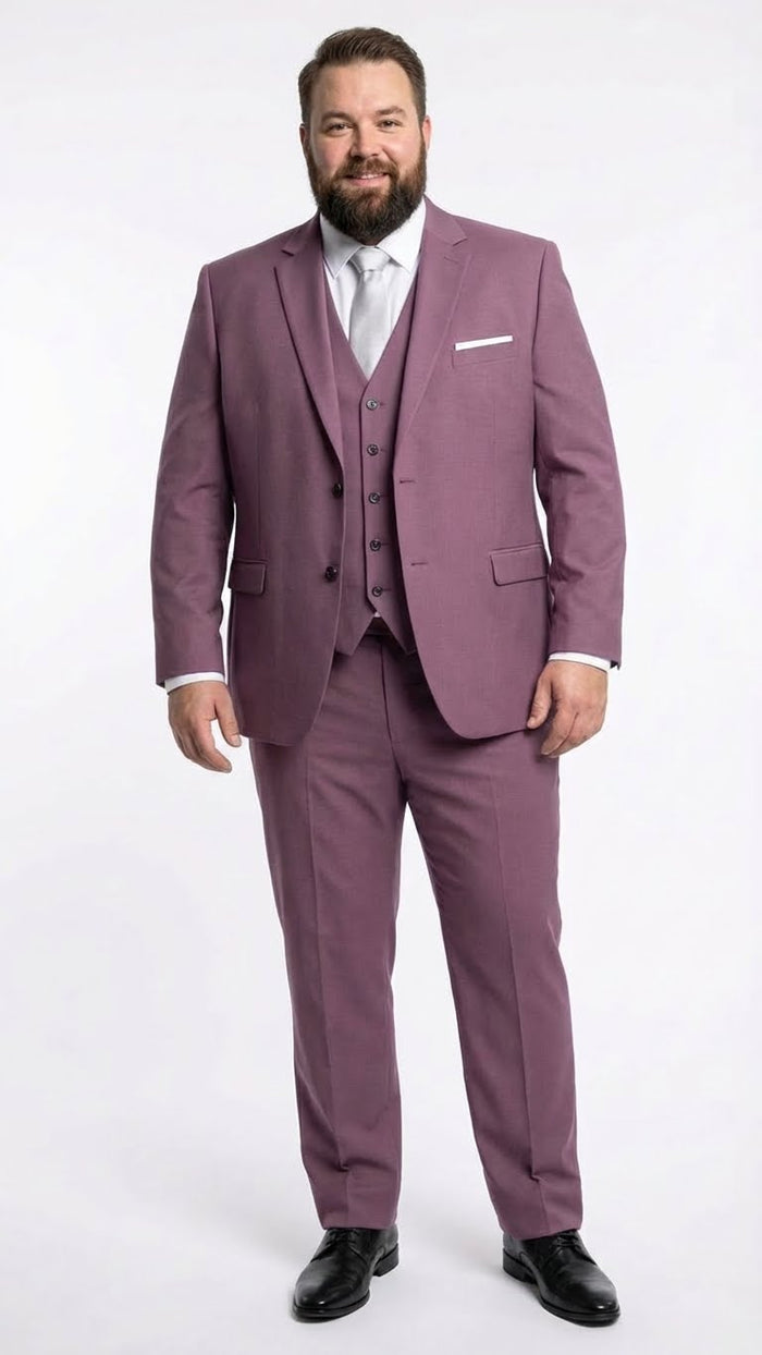 Men's slim-fit mauve three-piece suit: single-breasted blazer with peaked lapels, matching vest, and straight-cut trousers. Smooth fabric, formal design, streamlined silhouette.
