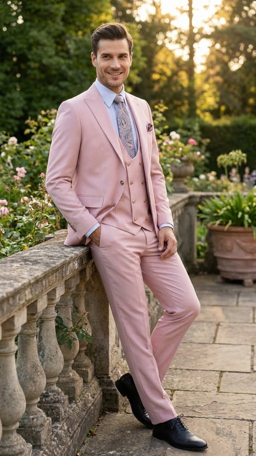 Alberto Nardoni men's blush pink three-piece suit: fitted blazer with notch lapel & gold buttons, matching waistcoat with gold buttons, and slim-fit straight-leg trousers. Uniform color and smooth construction.
