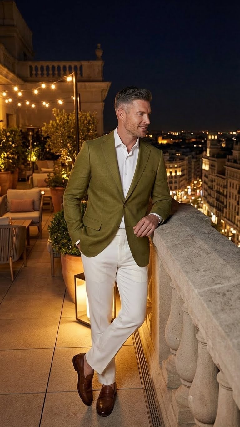 Alberto Nardoni men's olive green blazer. Tailored fit, single-button closure, notched lapels, and two side pockets. Textured fabric for a structured look.
