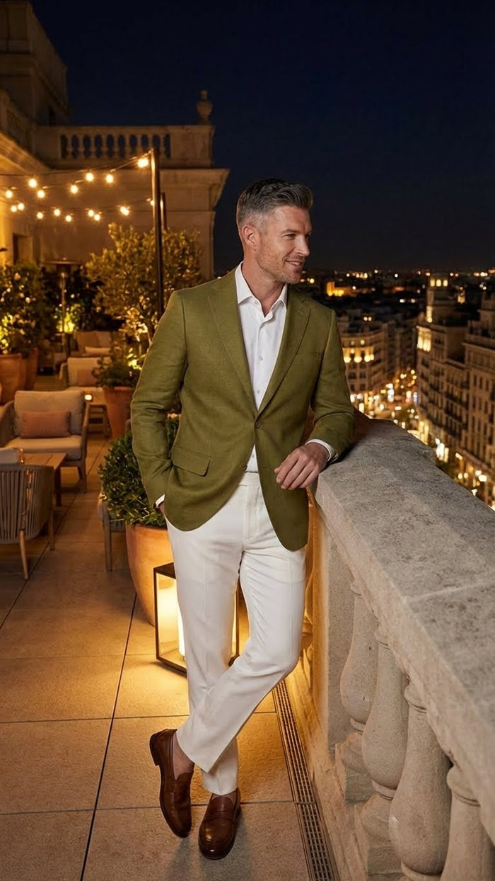Alberto Nardoni men's olive green blazer. Tailored fit, single-button closure, notched lapels, and two side pockets. Textured fabric for a structured look.
