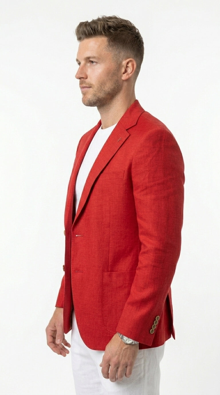 Men’s Red Linen Blazer, Lightweight Business Casual Wedding Sport Coat Jacket