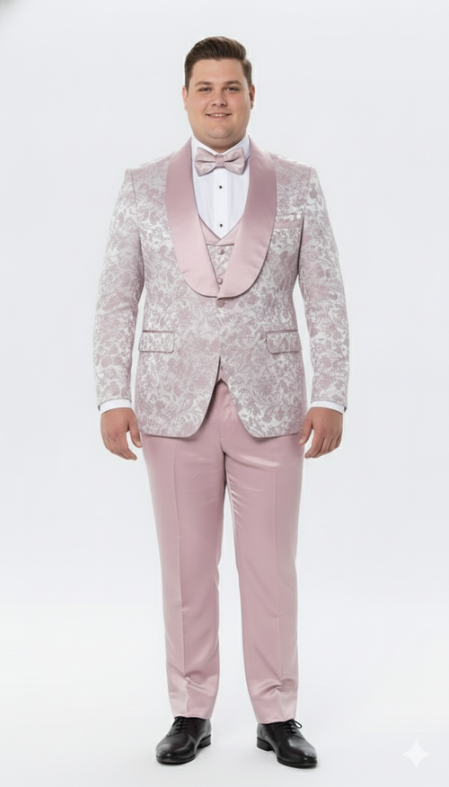 Men's dusty rose floral tuxedo: patterned jacket with satin shawl lapel, matching trousers, and bow tie. Smooth, glossy fabric. A stylish, sophisticated look.
